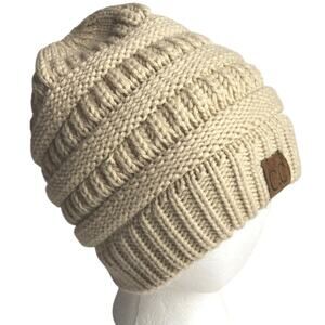 CC Solid Classic Beanie Tail Beanie Beige Ponytail Bun Hat One Size Fisherman